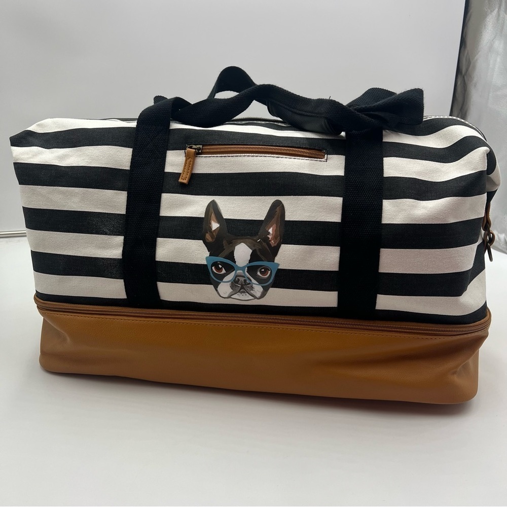 DSW Black and White Striped Travel Bag with Brown Accents